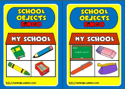 School objects - bingo cards